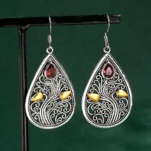 925 Sterling Silver Plated Water Drop Hollow Carved Gemstone Earrings